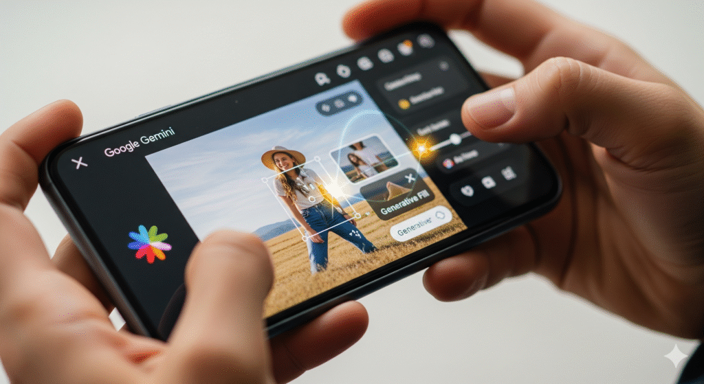 Hands using a phone to edit a photo with Google Gemini AI. The screen displays the Gemini interface for AI photo editing prompts, perfect for beginners